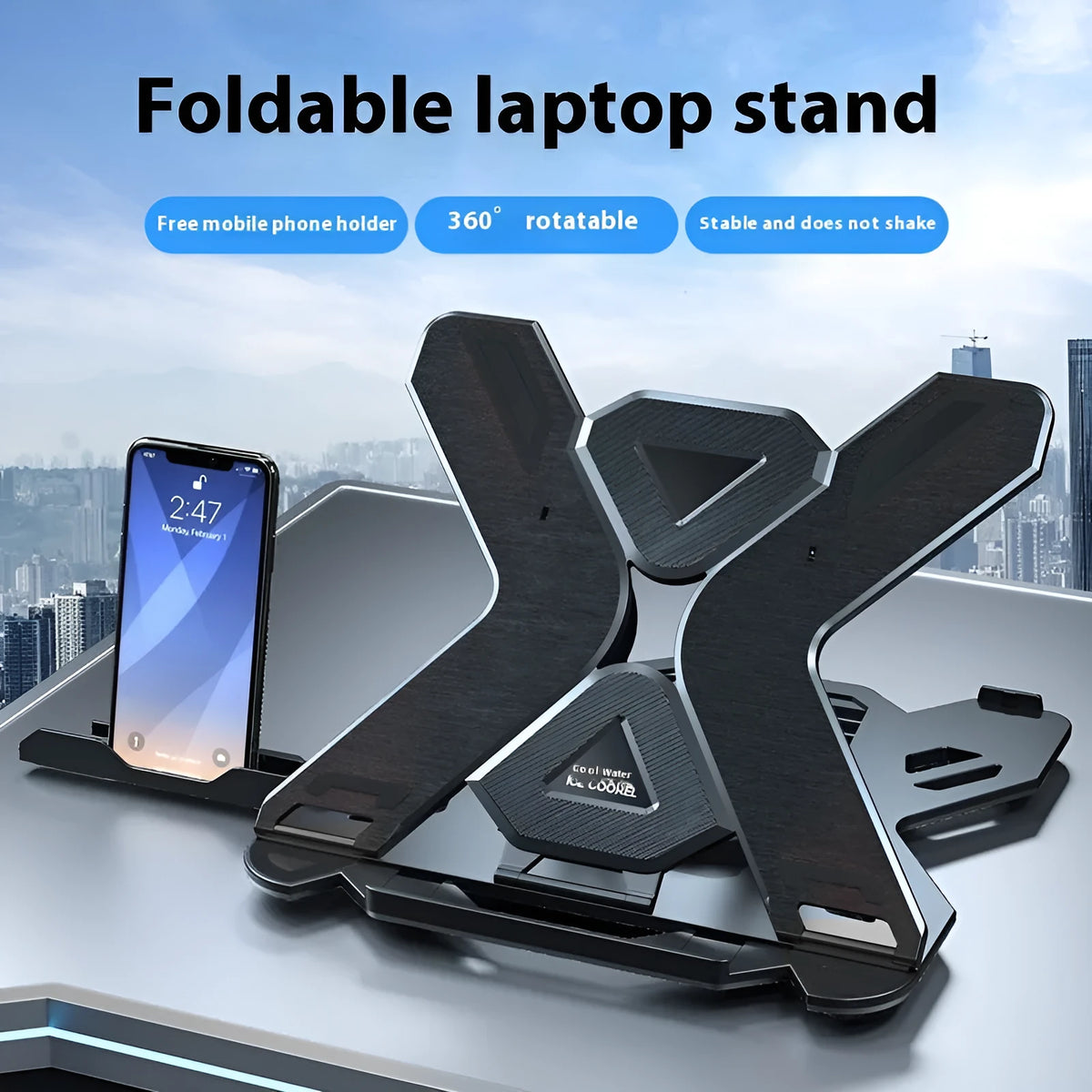 Black ABS plastic laptop cooling bracket with 300mm x 200mm platform showing laptop placement
