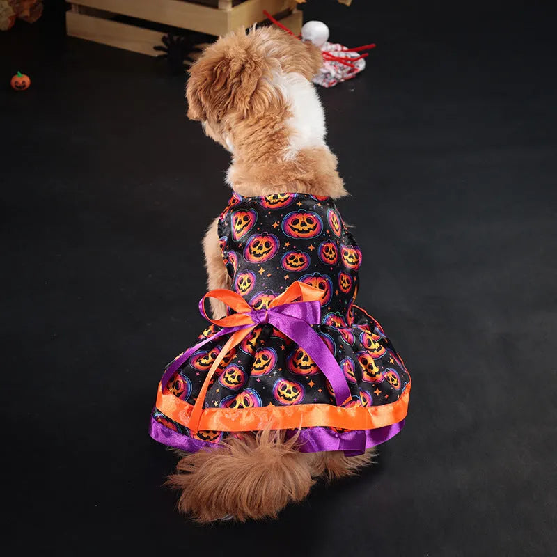 Colourful double-layer Halloween skirt for a dog, showing pumpkin and skull pattern options.