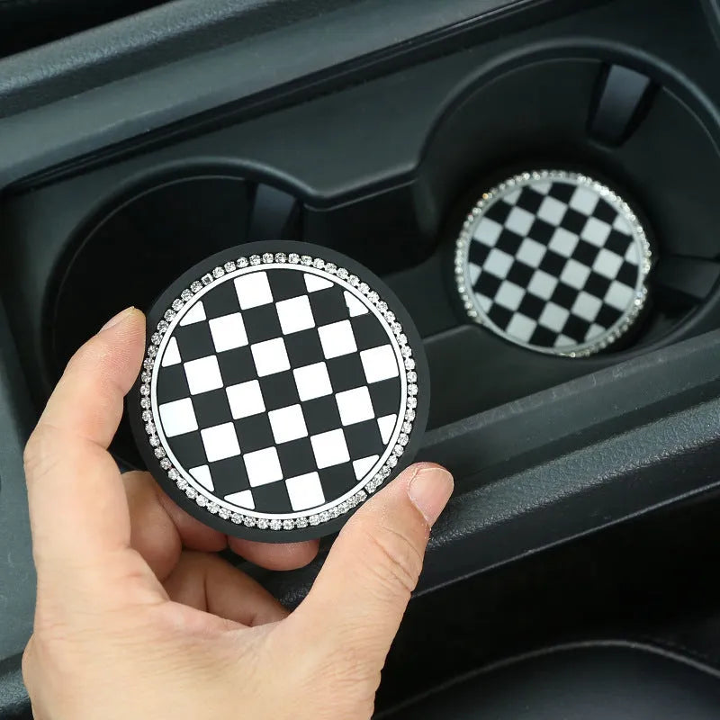 PVC car cup holder mat with decorative coaster design inserted in vehicle drink slot
