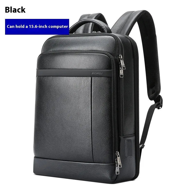 Black genuine leather commuter backpack with USB interface and curved shoulder straps
