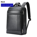 Black genuine leather commuter backpack with USB interface and curved shoulder straps