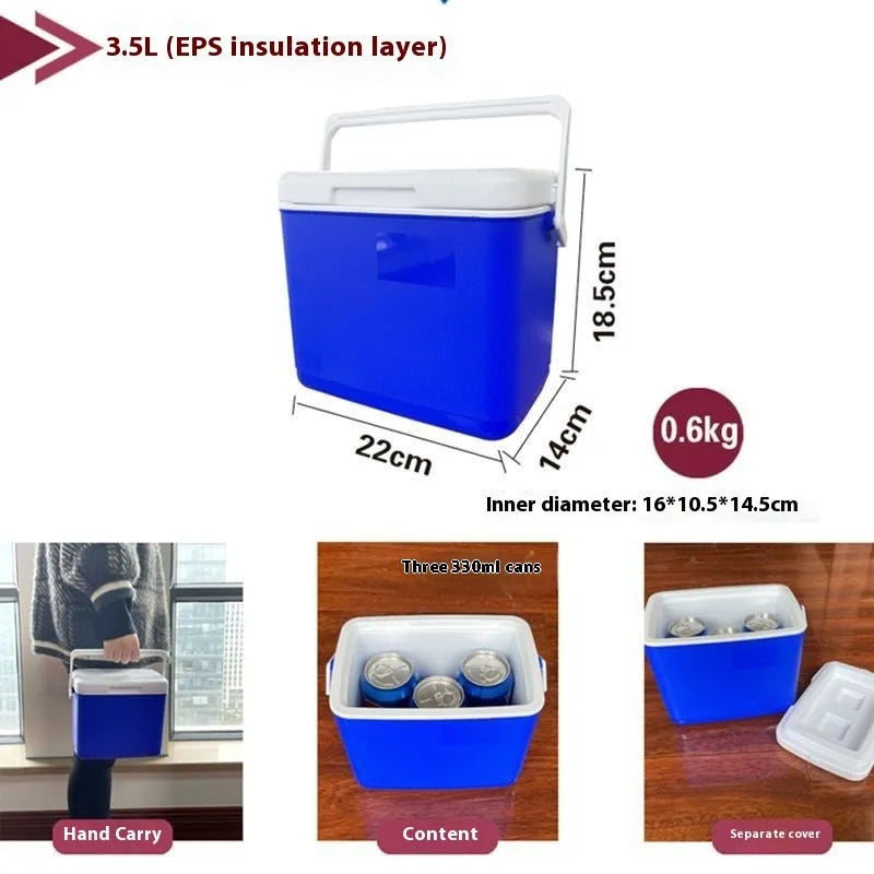 Blue aluminium foil portable insulated cooler box with lid, shown in multiple size options.