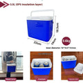 Blue aluminium foil portable insulated cooler box with lid, shown in multiple size options.
