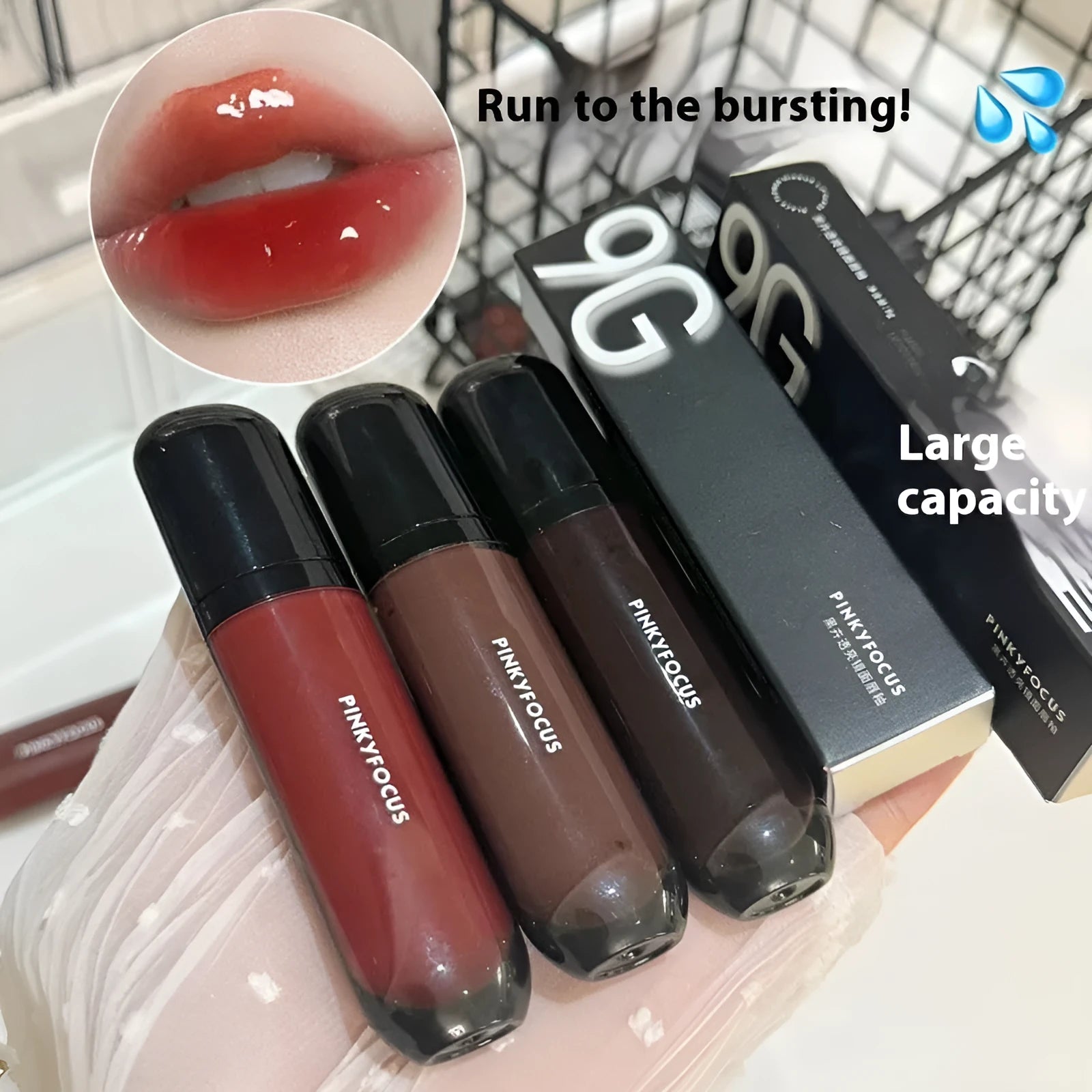 Black Shiny Mirror Lip Lacquer tube with six colour options including red, brown, and rose.