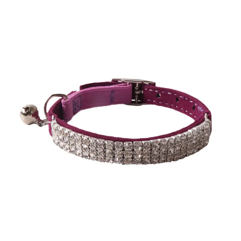 Flocking material cat collar with elastic buckle and gang drill pattern in multiple colours.