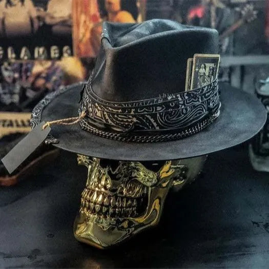 Handmade wool felt and denim Halloween skull hat with conical crown design
