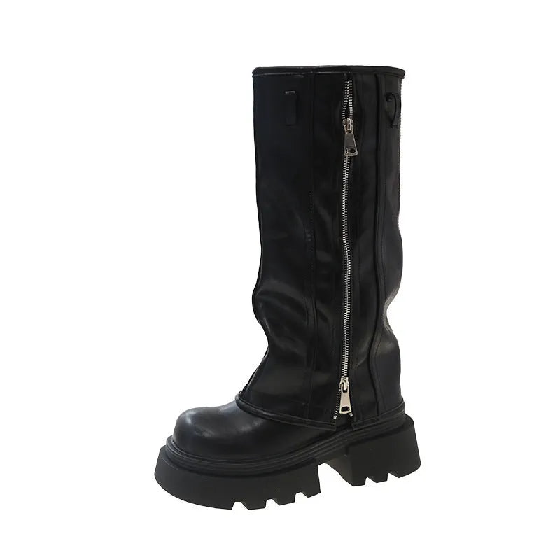 Women's black platform Martin boots with a square heel and high cylinder sock length on a rubber sole.