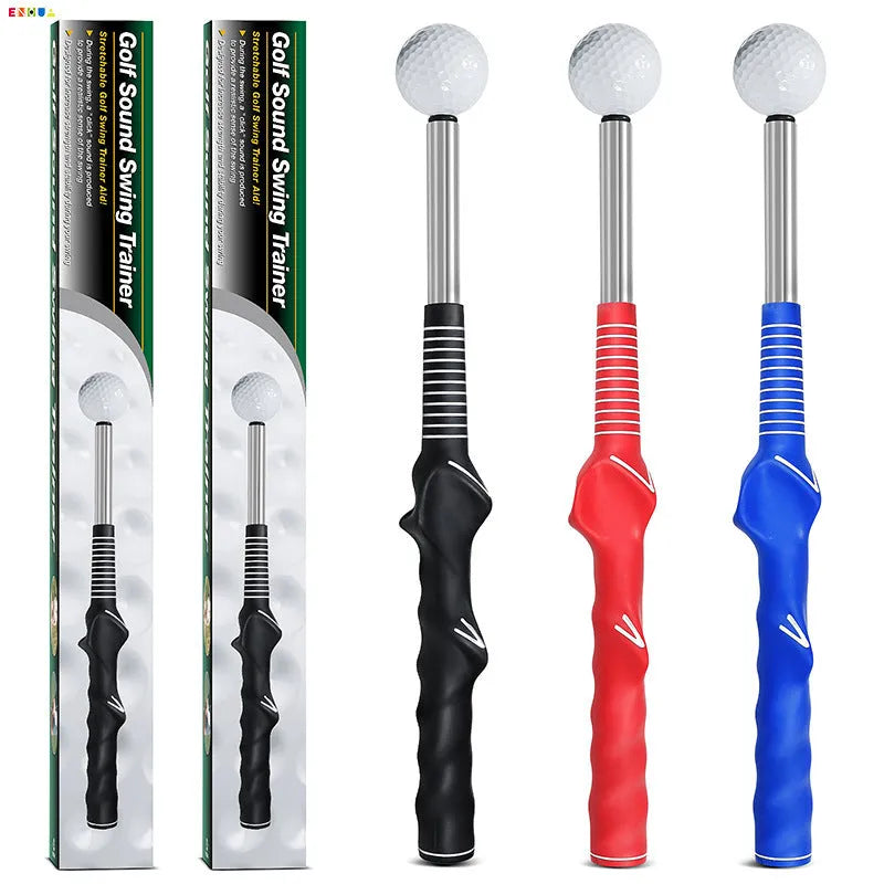 Telescopic golf swing simulator trainer in stainless steel, shown extended for use.