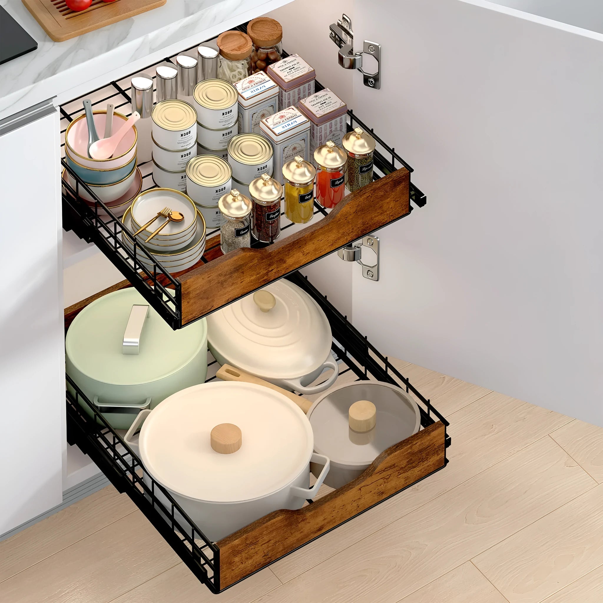 Black wooden and iron kitchen storage rack with pull basket design