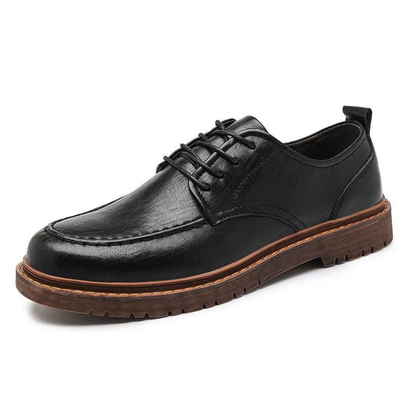 Casual leather shoes with round toe, rubber sole, and two-layer cowhide upper in black or brown colour options