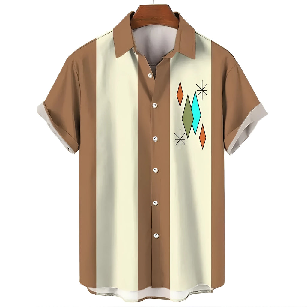 Man wearing a blue and white stripe pattern Hawaiian shirt with short sleeves and button front.