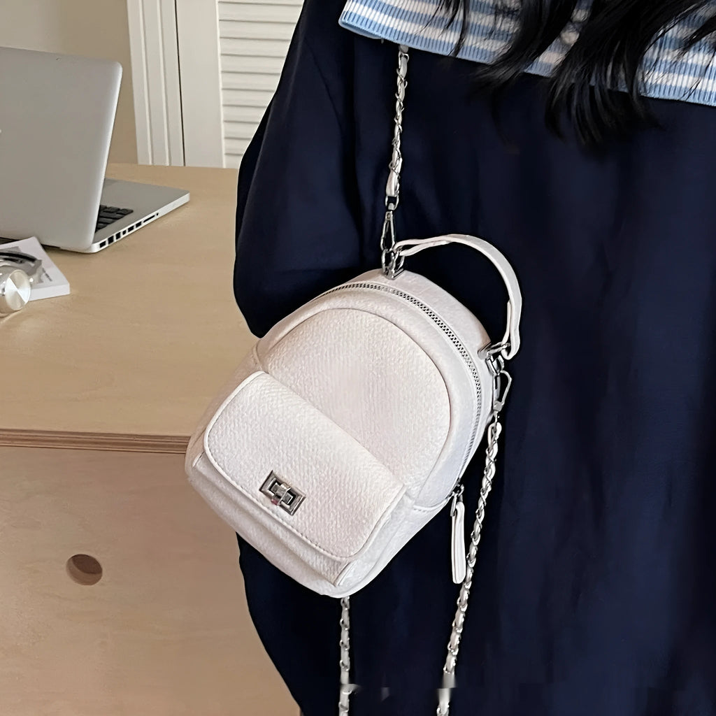 Korean style solid colour PU backpack with three-dimensional pocket, available in black, beige, blue, dark blue and khaki.