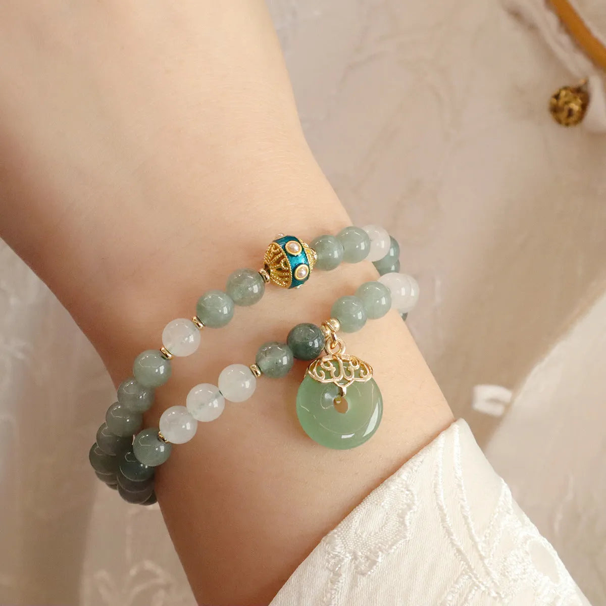 Women's New Chinese style bracelet with Myanmar jade components, safety buckle pendant, and geometric lucky bead design
