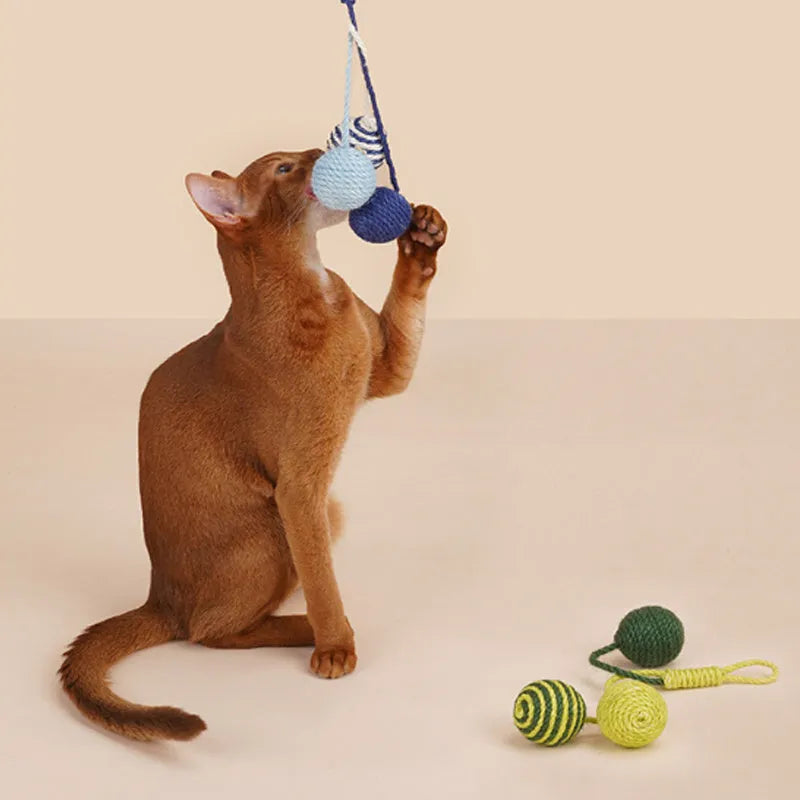 Cat teaser stick toy set with four bite-resistant elements including catnip balls in blue, green, red, yellow colours.