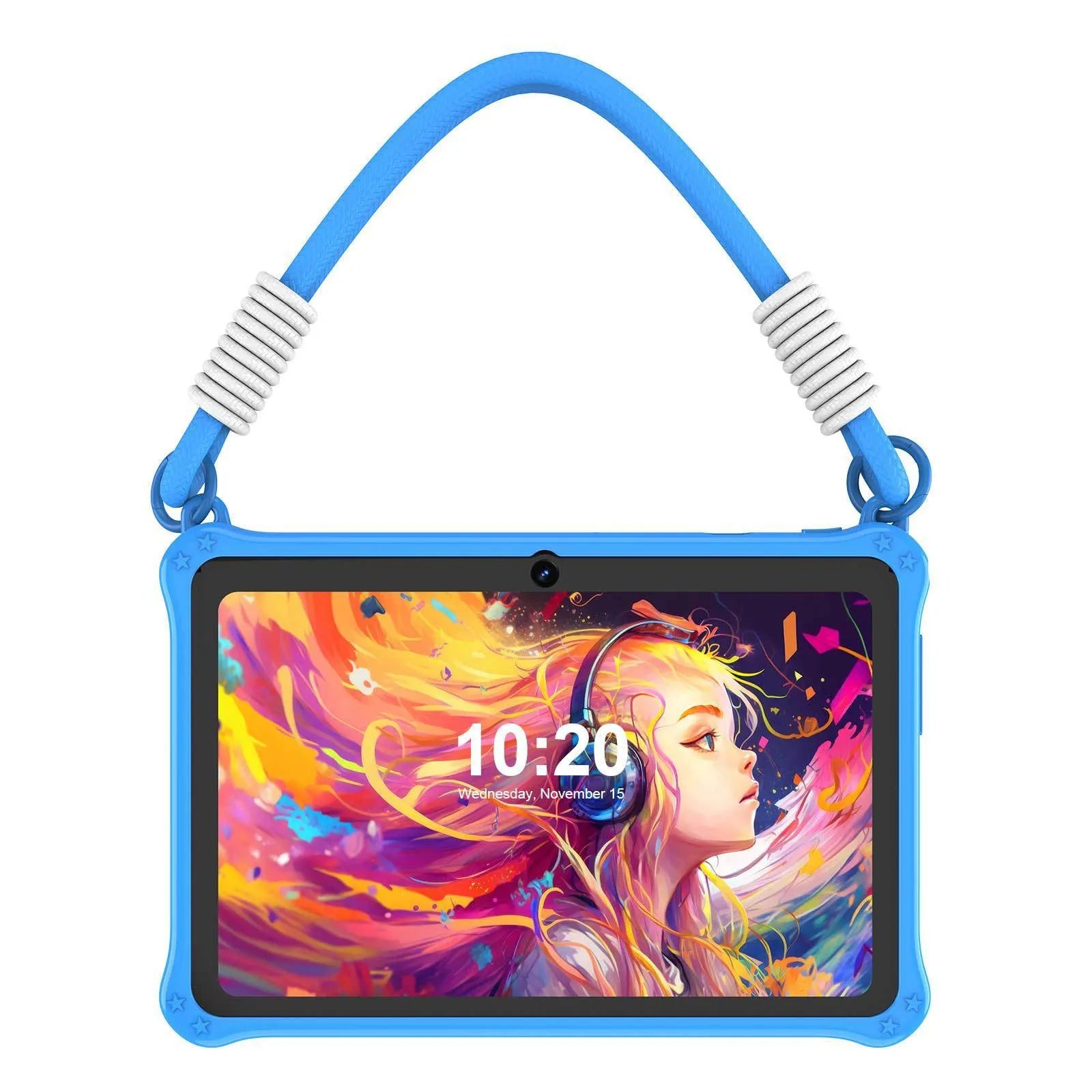 Sapphire blue silicone protective case for 7-inch children's tablet with flat strap