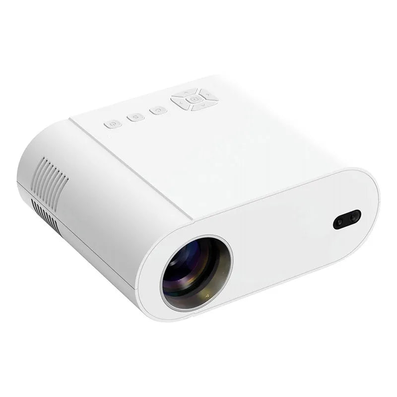 White T07 full HD 1080p smart projector with remote control on a table.