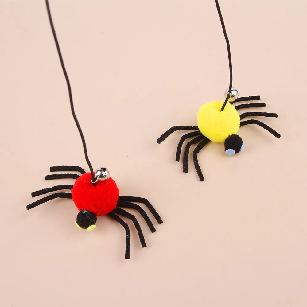 Hanging door cat toy with elastic rope, colourful feather wand, swinging spider decoration and small bell