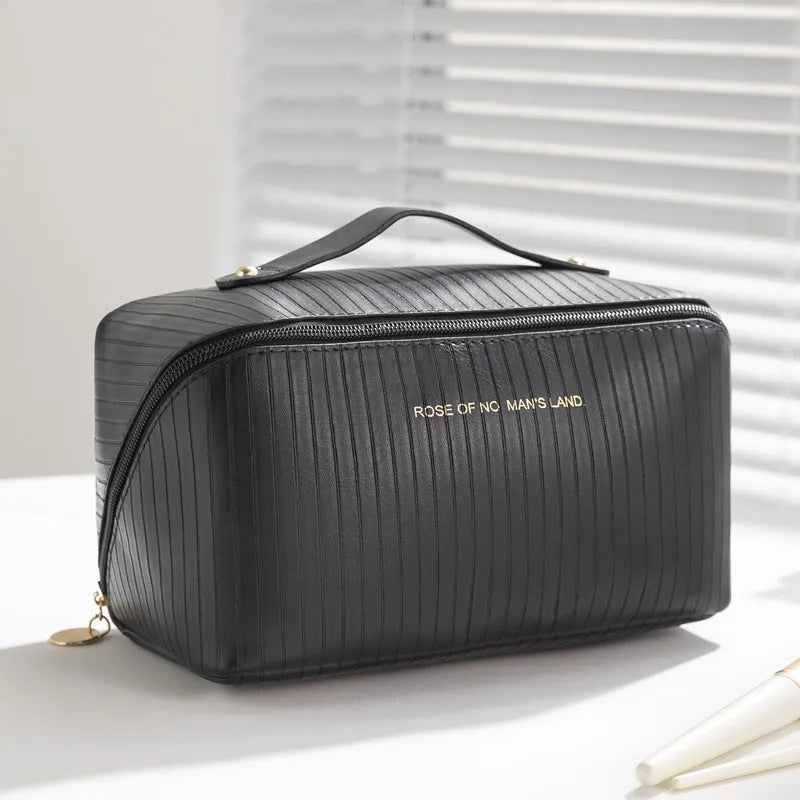 Vertical pattern pillow makeup bag in cubic shape with PU leather construction