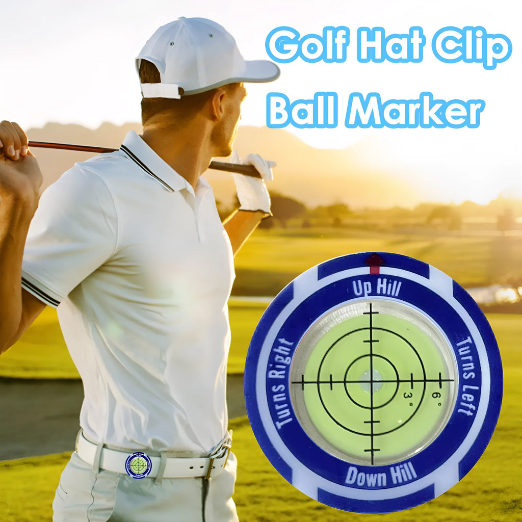 Golf Level measurement tool with hat clip, spirit level vial, and position mark for putting alignment