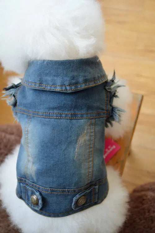 Denim dog vest with scratch pattern design for small breeds in dark and light colour options
