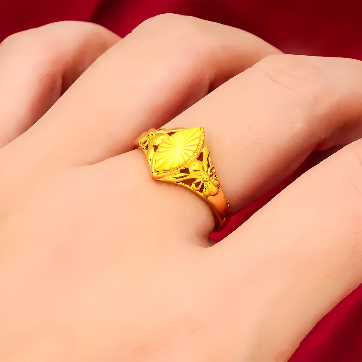 Gold electroplated brass ring with open diamond flower geometric design and textured elements for women