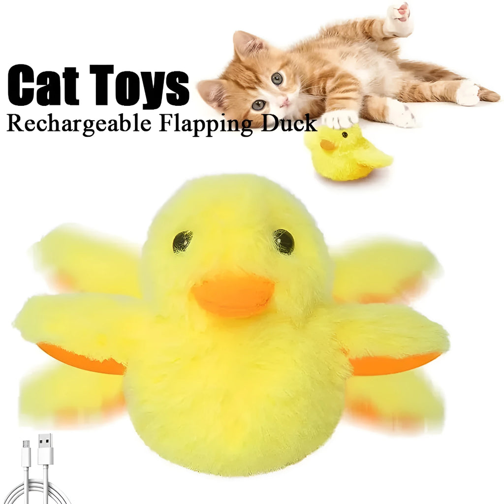 Yellow flapping duck interactive cat toy with removable plush cover and USB charging cable