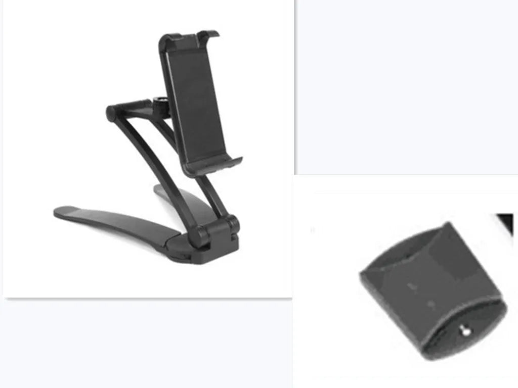 Silver aluminium alloy desktop stand holding a tablet, showing its adjustable clip and mounting base.