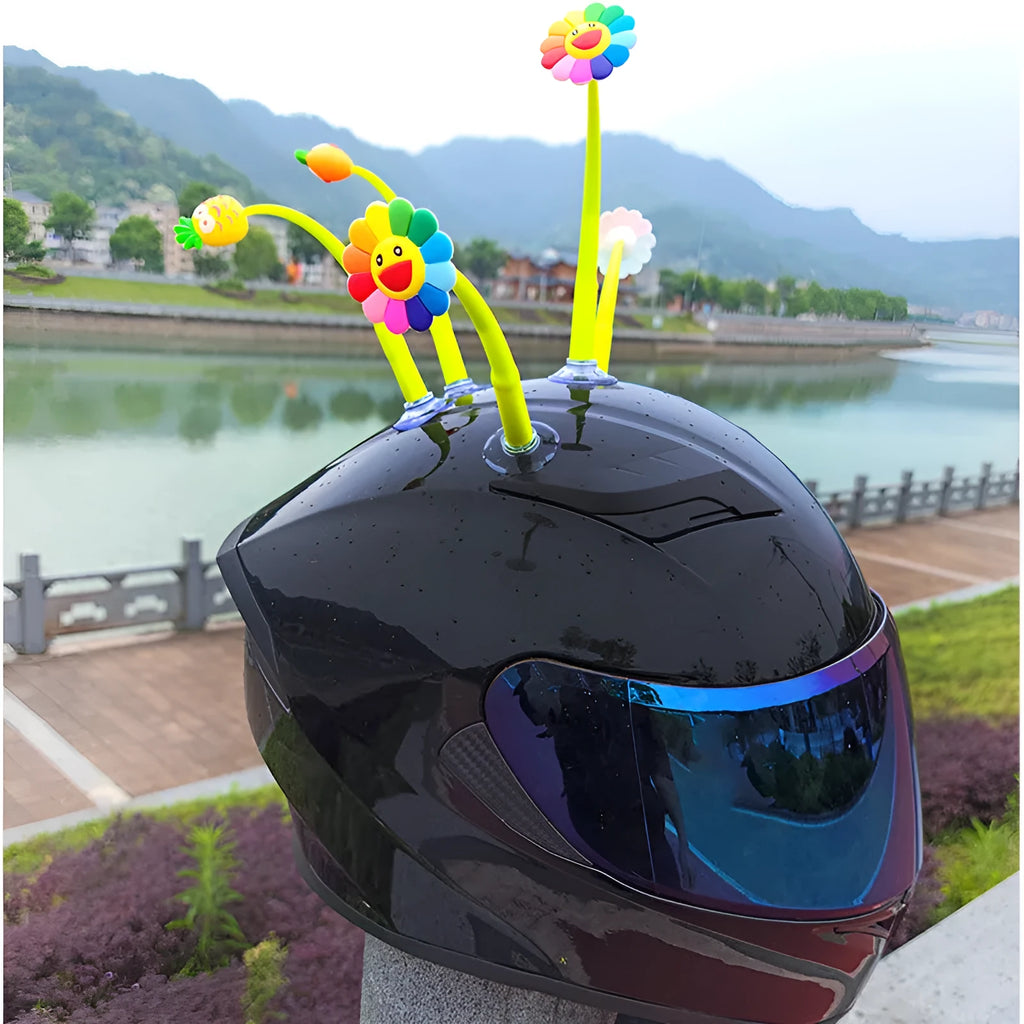 Yellow silicone sunflower helmet decoration with brown centre and suction cup mount