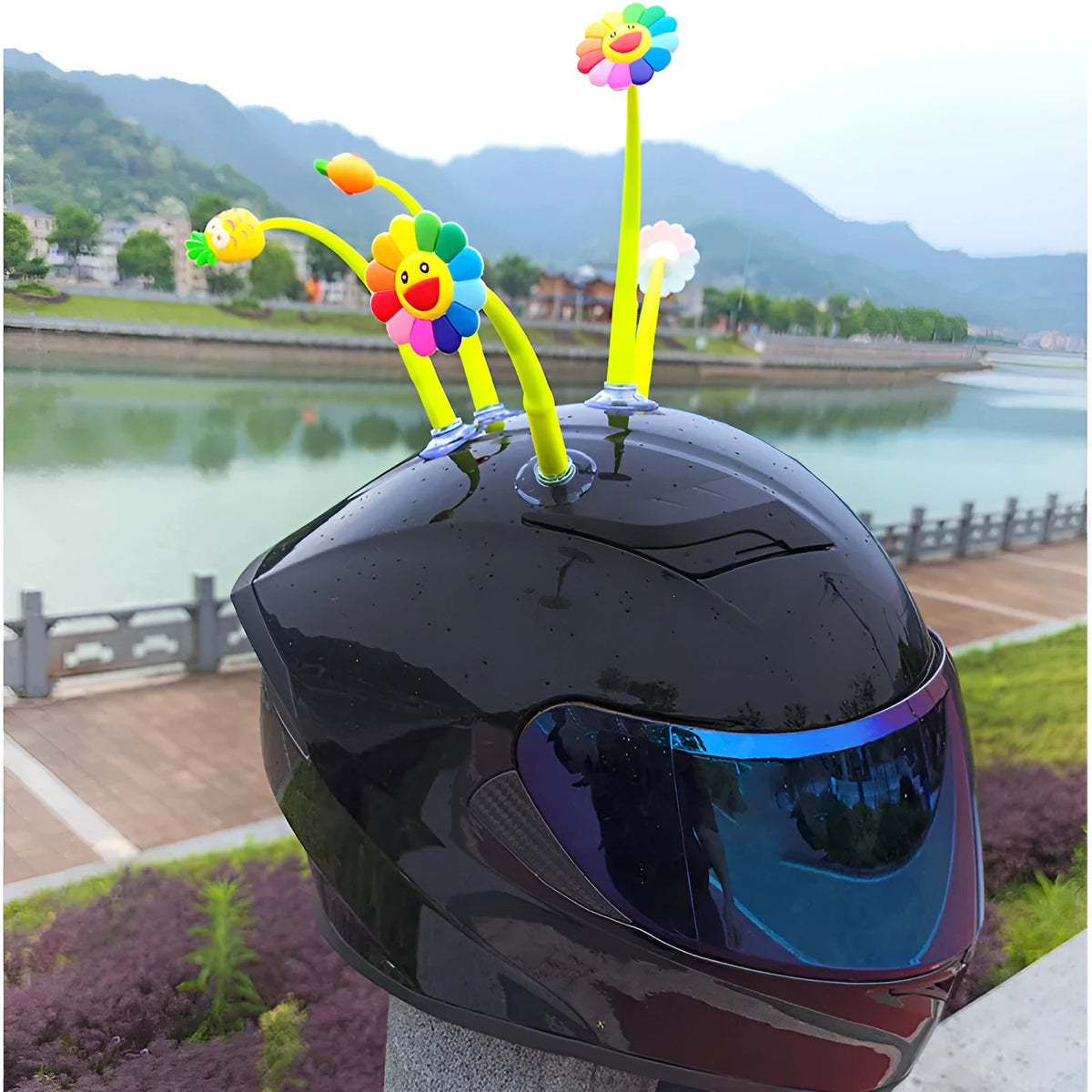 Yellow silicone sunflower helmet decoration with brown centre and suction cup mount