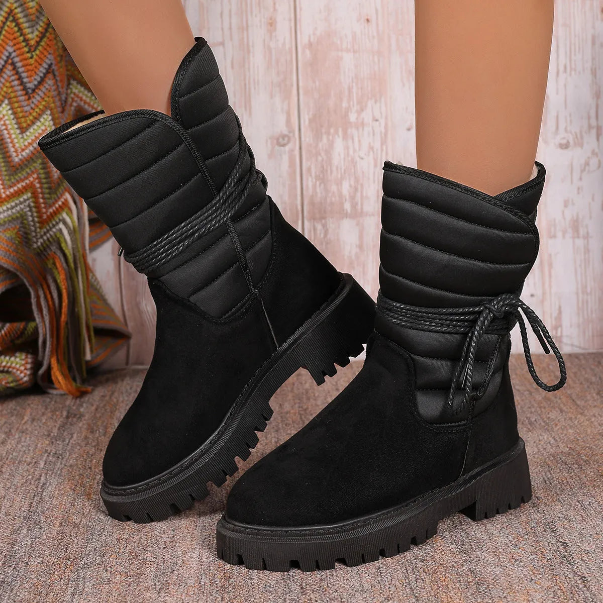 Women's black suede chunky heel snow boots with lace-up design and fleece lining
