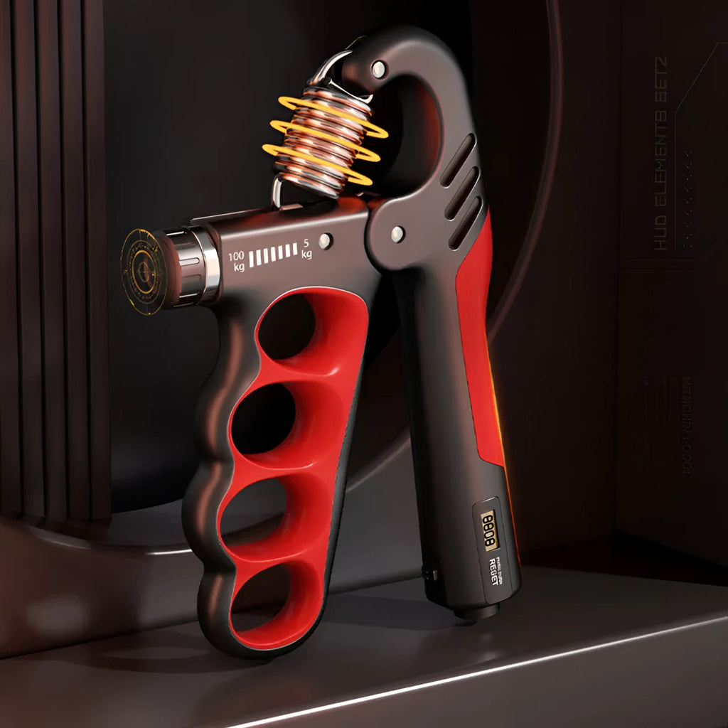 Adjustable electronic count spring grip with orange electronic counter display for hand strength training