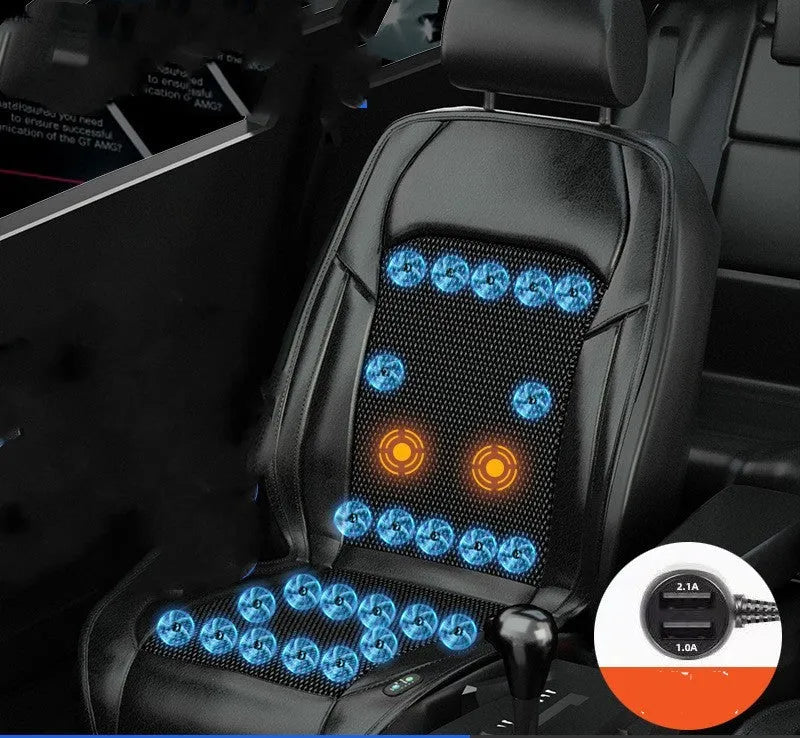Car seat cooling cushion with ventilation grid and fan unit, shown in black colour