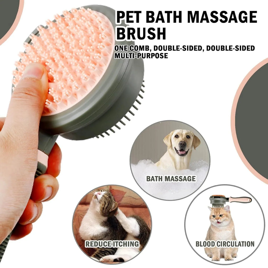 Pink and green double-sided cat brush with release button next to a flea comb.