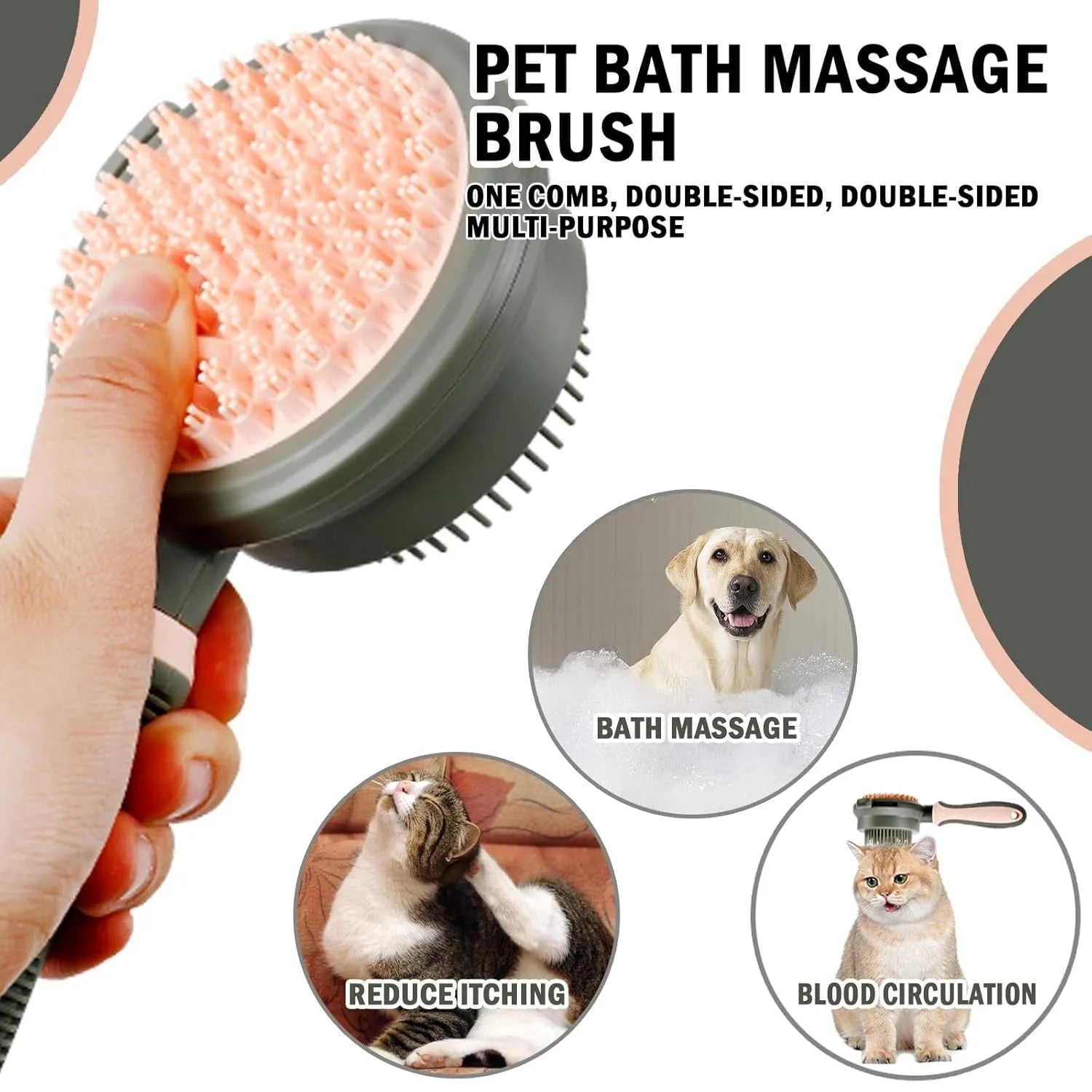 Pink and green double-sided cat brush with release button next to a flea comb.