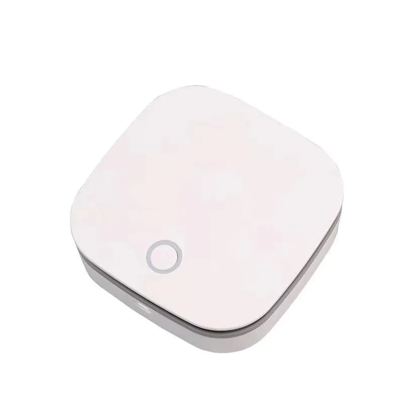 White USB-powered car air purifier with one-button control for odour removal and air disinfection.