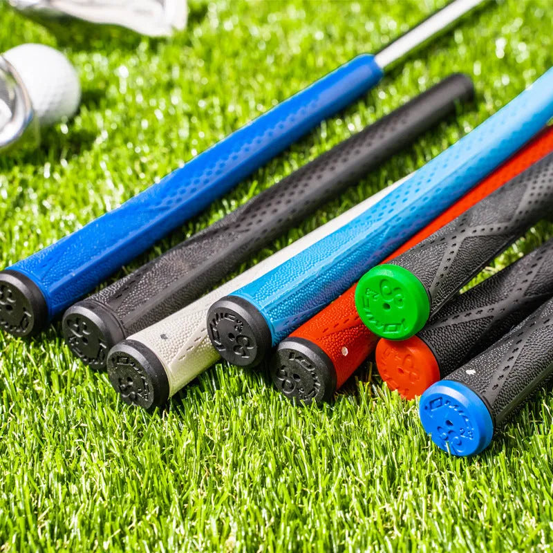 TPE material golf club replacement grip shown in multiple colour options including pink, red, blue, and two-tone designs.