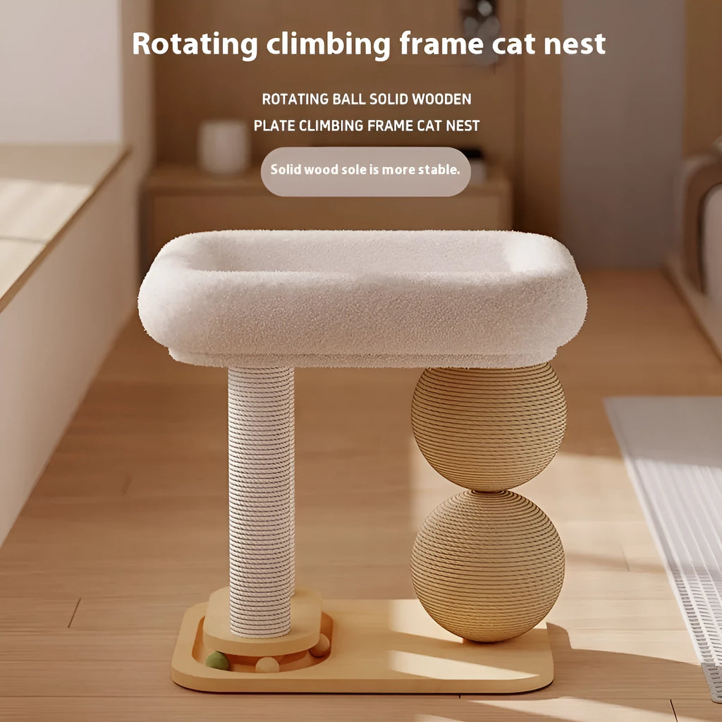 Pine wood cat scratching post with sisal wrapped column and hanging ball toys