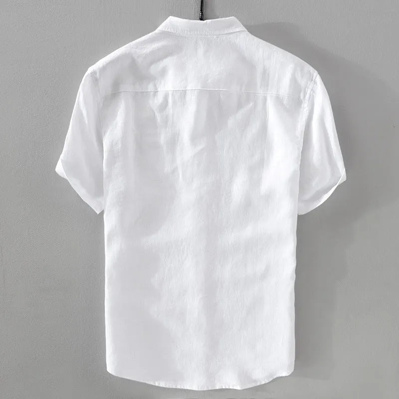 Men's loose fit short sleeve linen blend shirt in a solid colour, shown on a hanger.