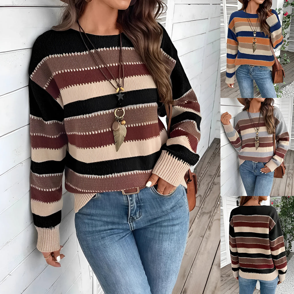 Women's striped colourblock pullover sweater in polyester, long sleeve casual top.