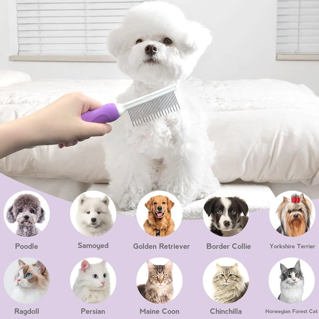 Purple pet grooming comb with stainless steel teeth on white background showing long and short tooth design