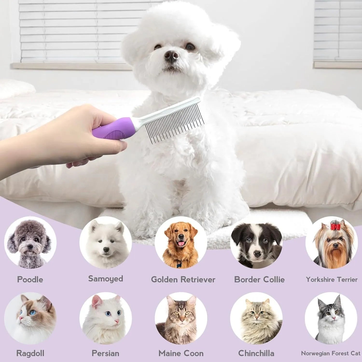 Purple pet grooming comb with stainless steel teeth on white background showing long and short tooth design