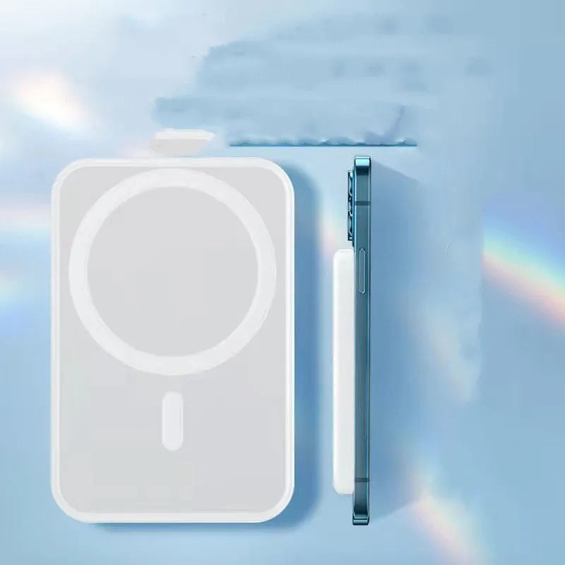 White magnetic wireless charger power bank with 5000mAh capacity showing dimensions