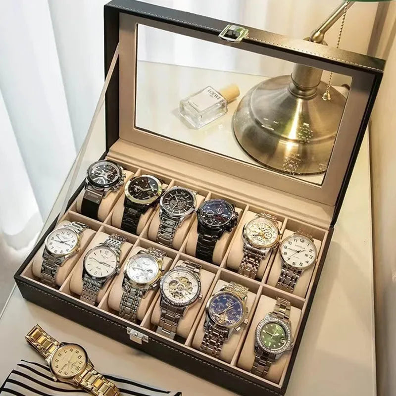 Grey high-grade leather watch storage box with transparent dustproof lid showing internal watch slots