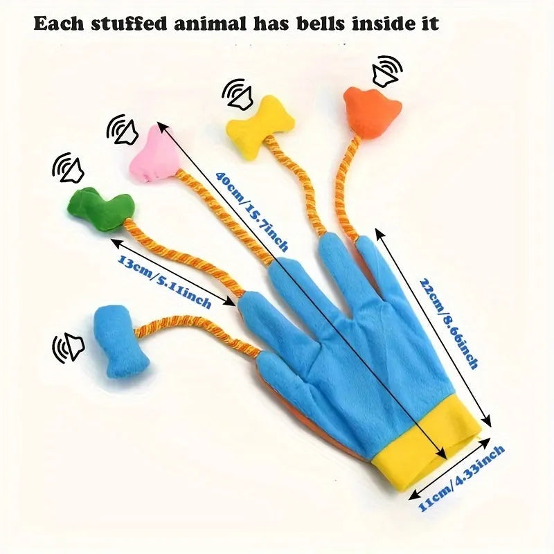 Yellow and blue plush cat toy trailer with magic glove design and bell, shown next to a 40cm ruler for scale.