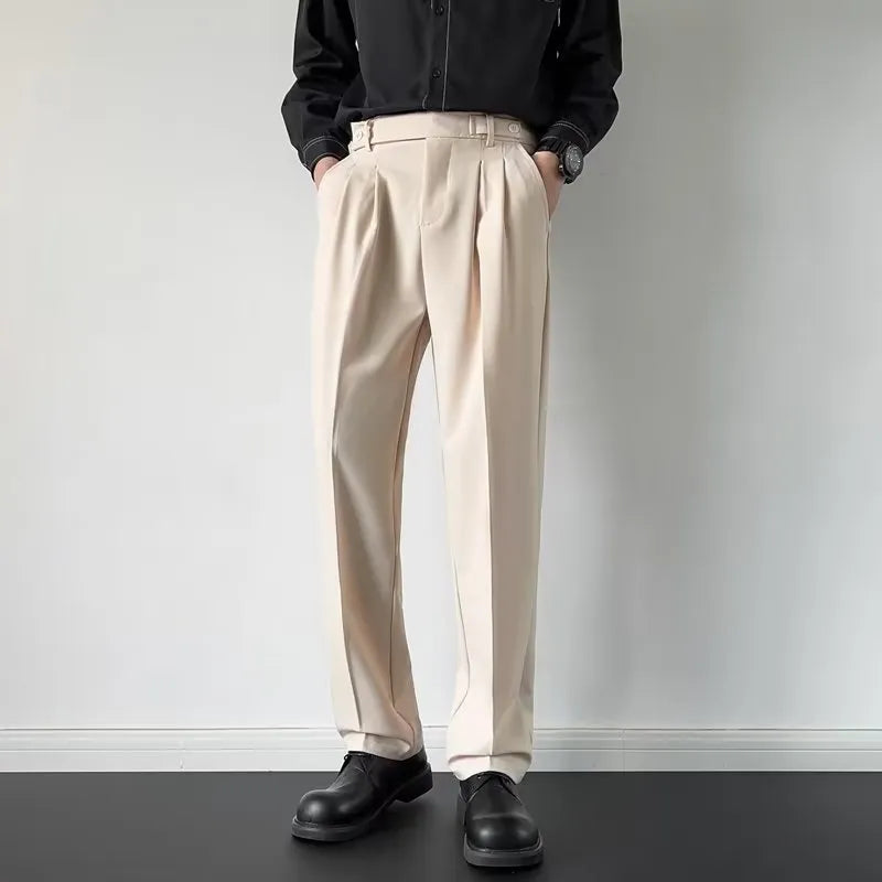 Men's straight loose fit suit trousers in polyester fabric showing apricot and black colour options