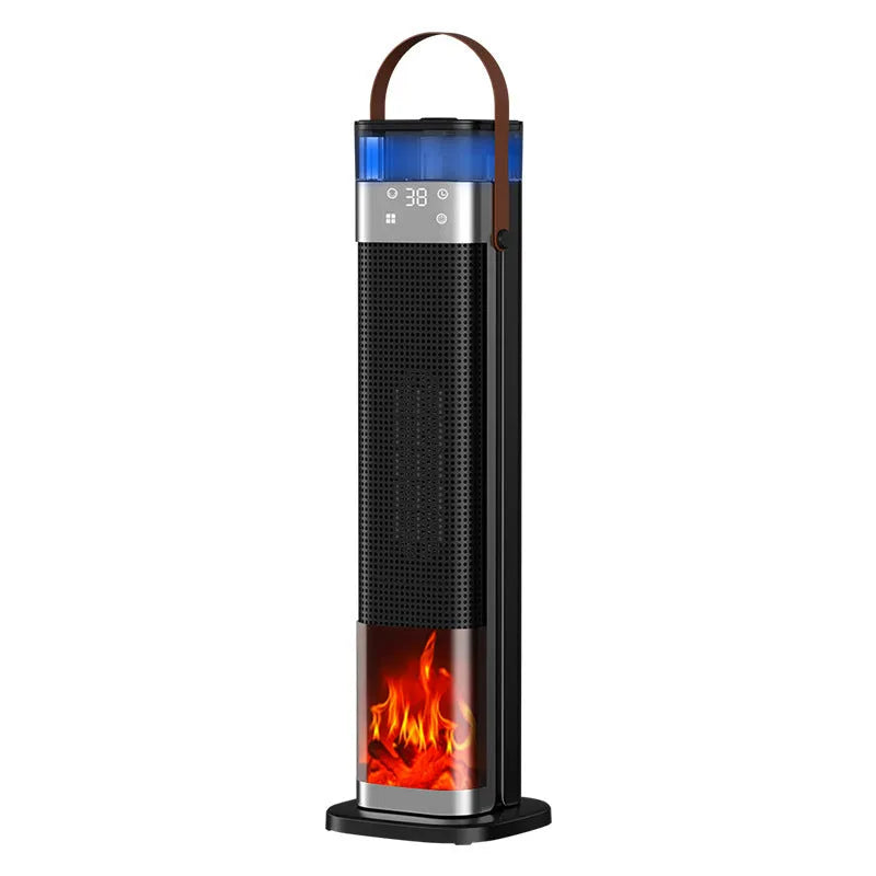 Tall vertical intelligent heater with humidification and voice control remote.