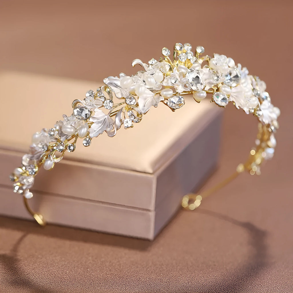 Alloy pearl crown headdress in gold or silver finish for women's hair accessories