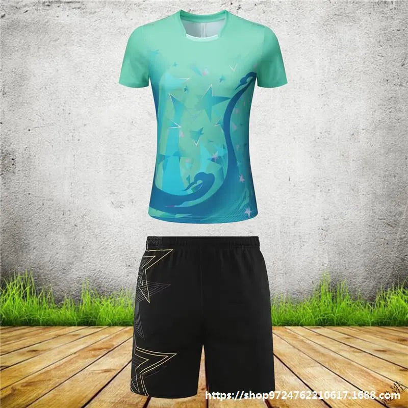 Sapphire blue and purple badminton sportswear outfit with short-sleeved top and trousers for men and women