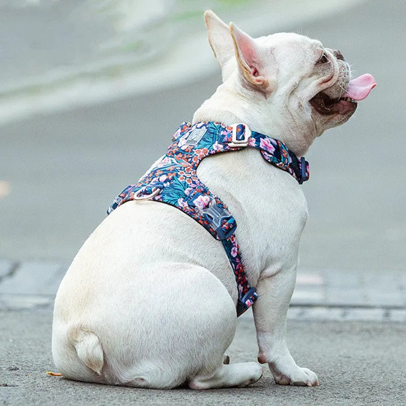 Pure cotton pet chest strap harness in floral pattern with pull-resistant design for dog walking