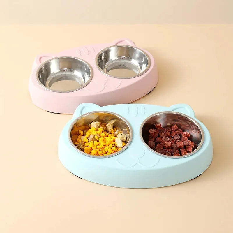 Plastic double bowl pet feeder with non-slip base in blue colour